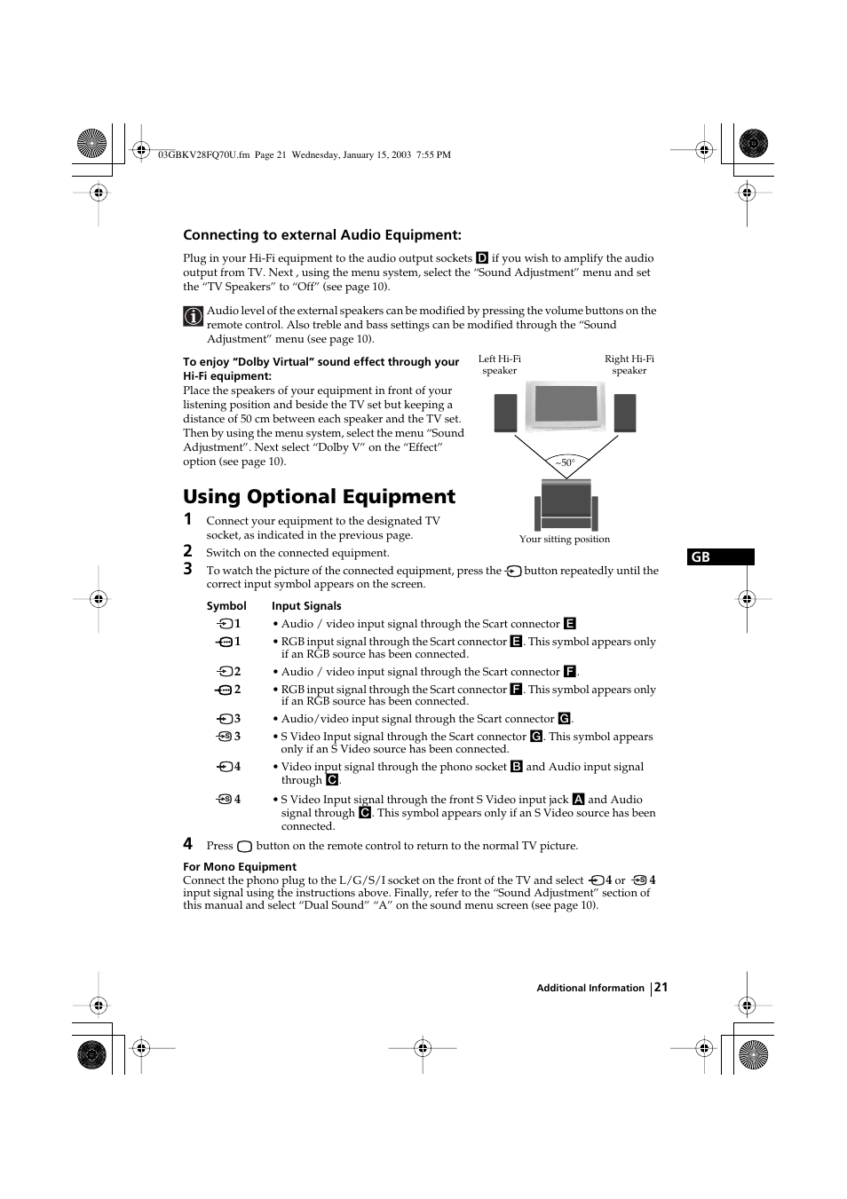 Using optional equipment | Sony FD Trinitron KV-32FQ70U User Manual | Page 21 / 28