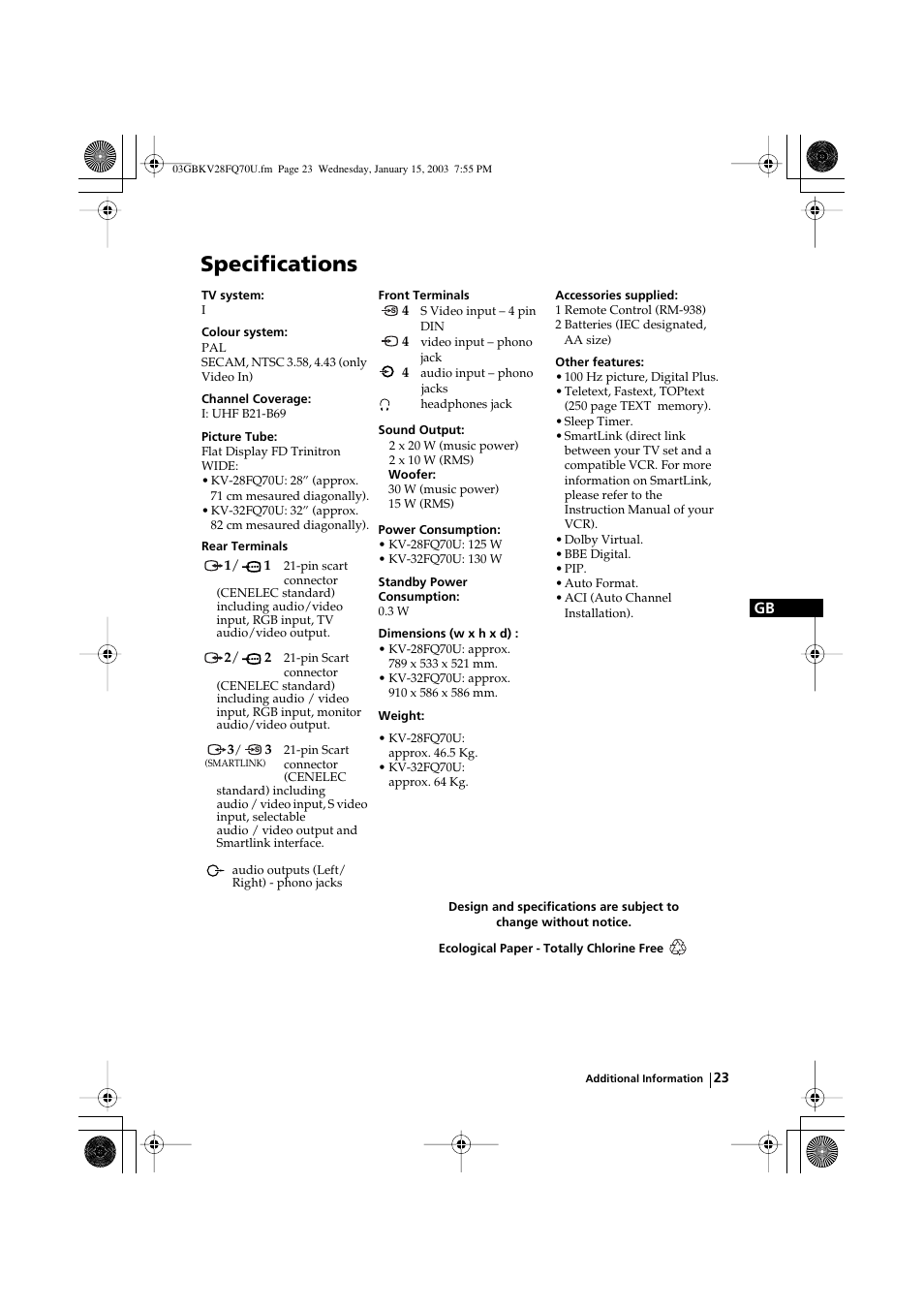 Specifications | Sony FD Trinitron KV-32FQ70U User Manual | Page 23 / 28