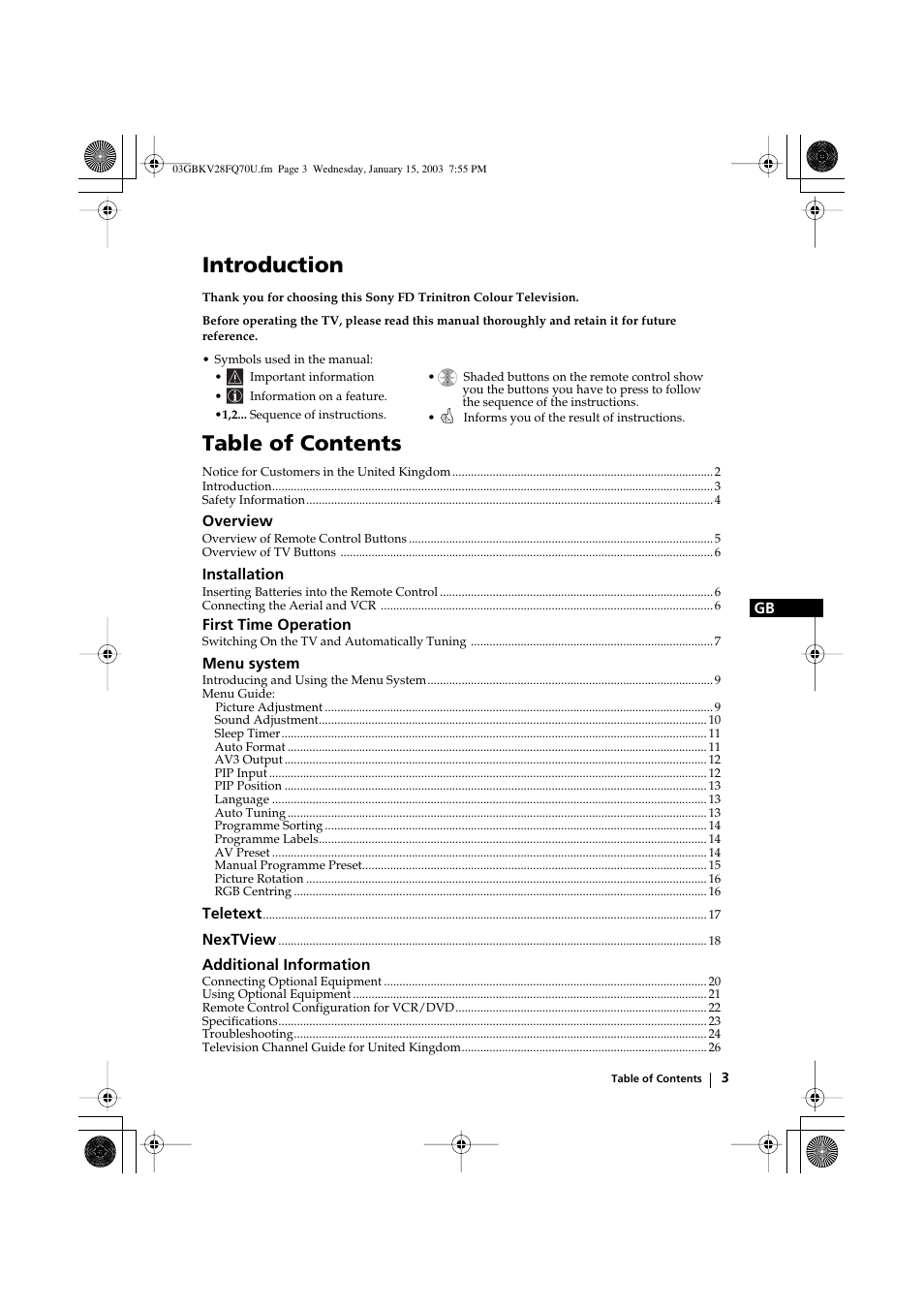 Sony FD Trinitron KV-32FQ70U User Manual | Page 3 / 28