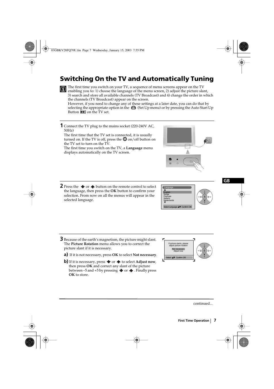 Switching on the tv and automatically tuning | Sony FD Trinitron KV-32FQ70U User Manual | Page 7 / 28
