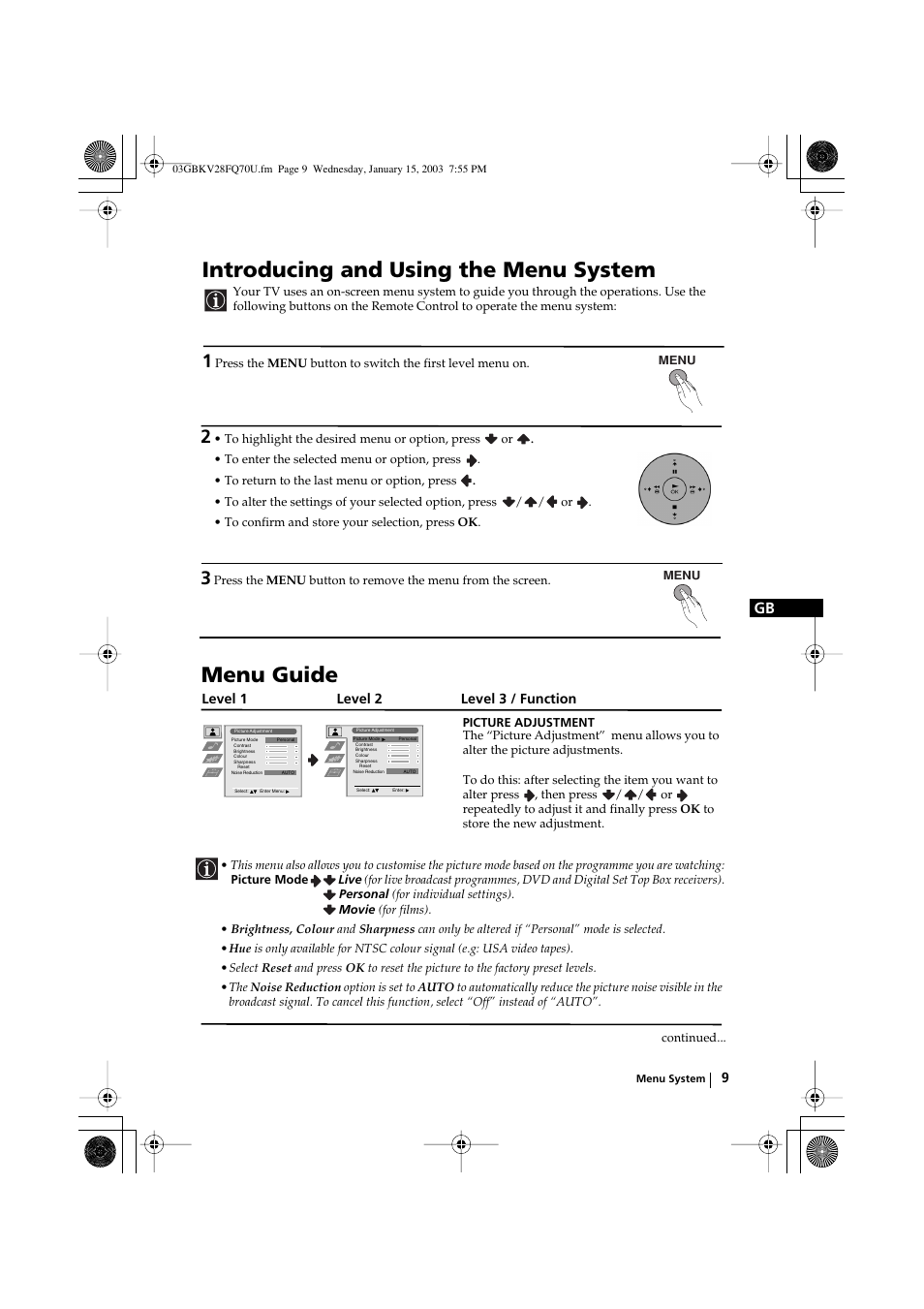 Introducing and using the menu system, Menu guide | Sony FD Trinitron KV-32FQ70U User Manual | Page 9 / 28