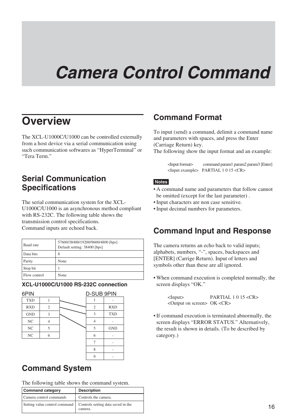Camera control command, Overview, Serial communication specifications | Command system, Command format, Command input and response, 16 camera control command | Sony XCL-U1000 User Manual | Page 16 / 27