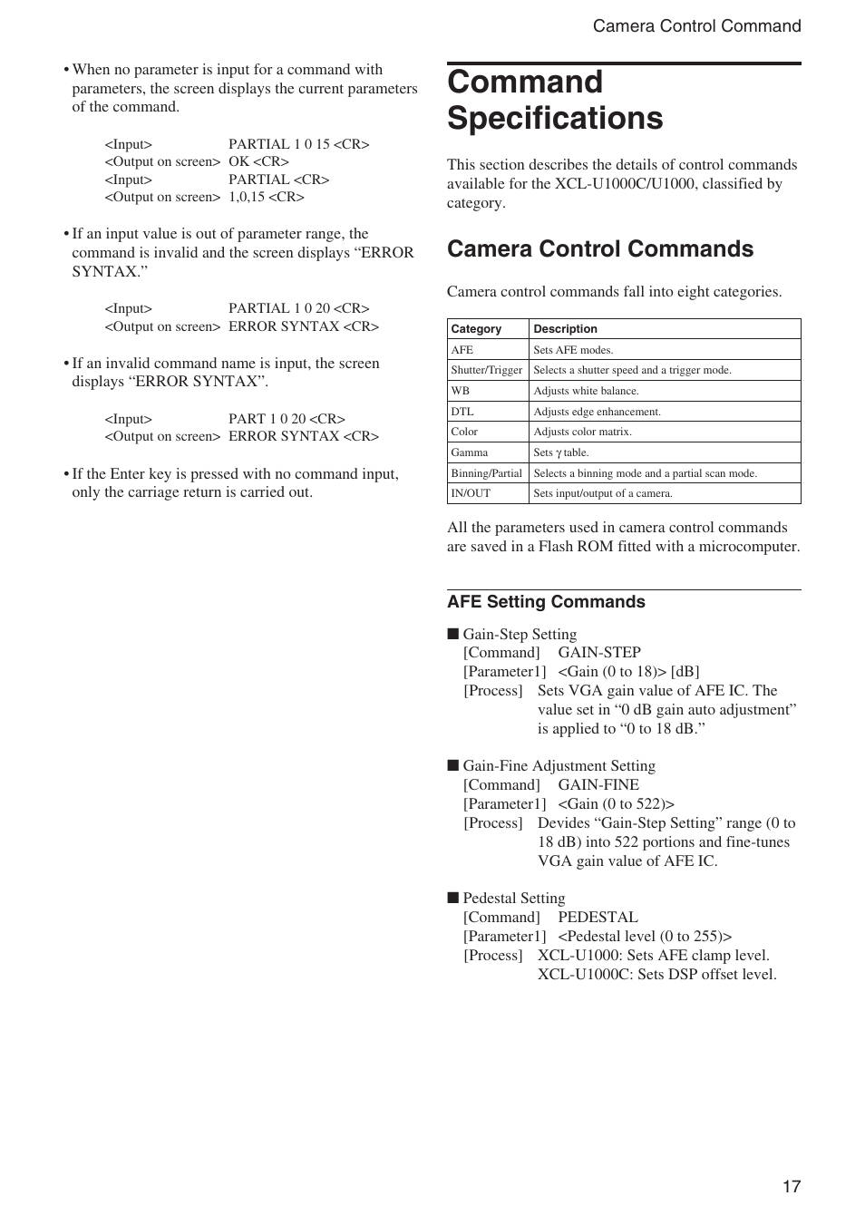 Command specifications, Camera control commands | Sony XCL-U1000 User Manual | Page 17 / 27