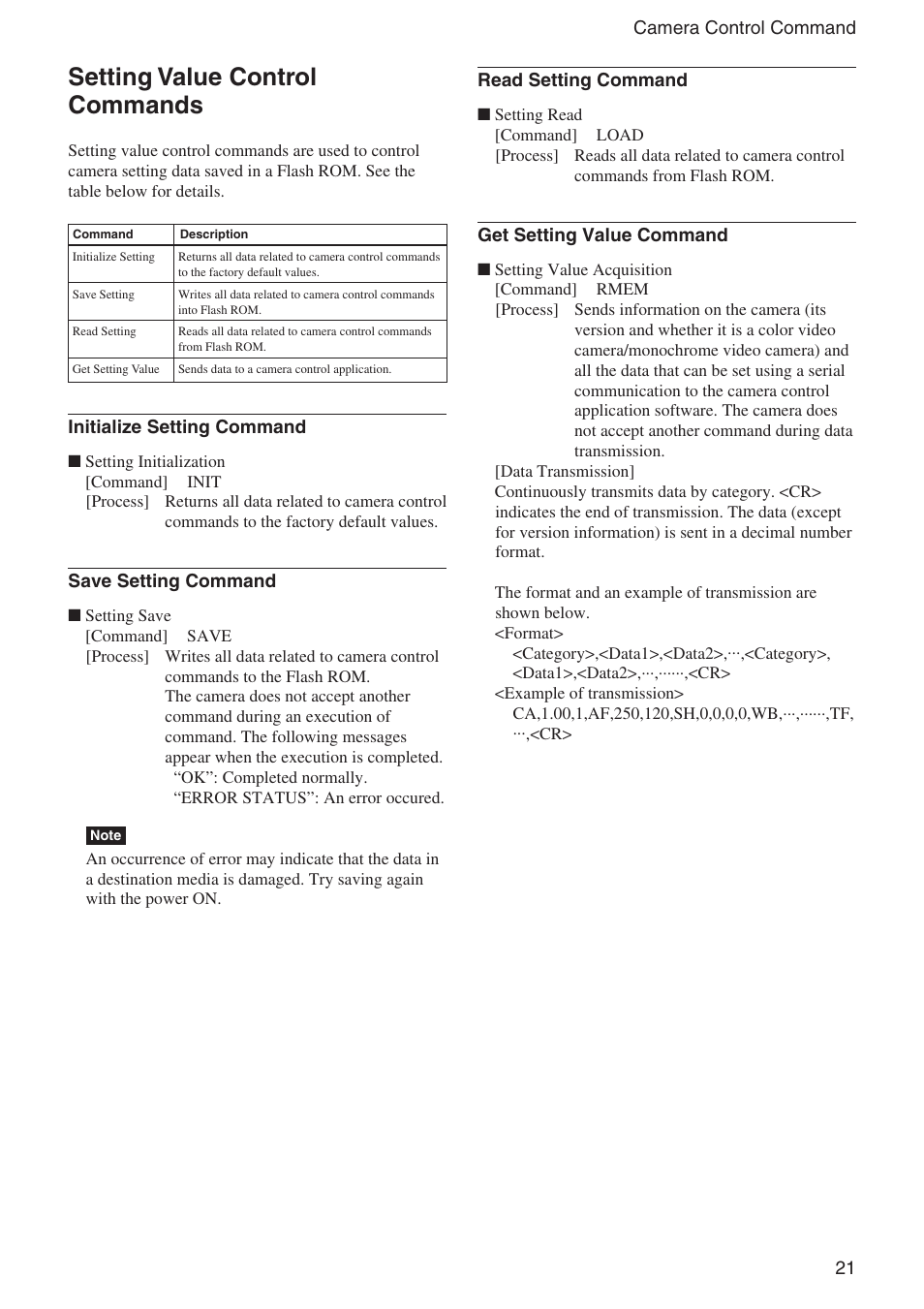 Setting value control commands | Sony XCL-U1000 User Manual | Page 21 / 27