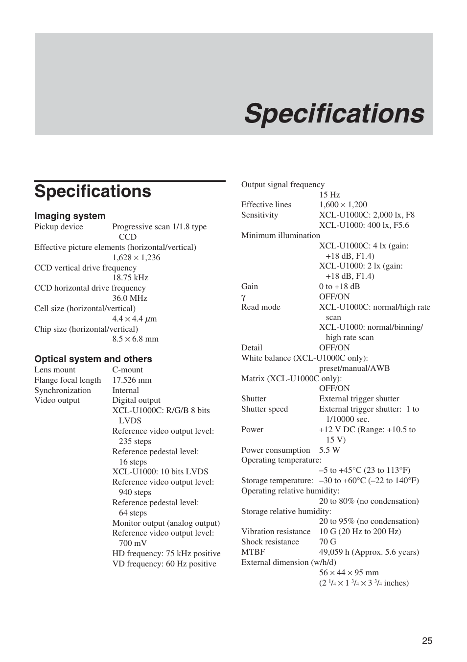 Specifications | Sony XCL-U1000 User Manual | Page 25 / 27