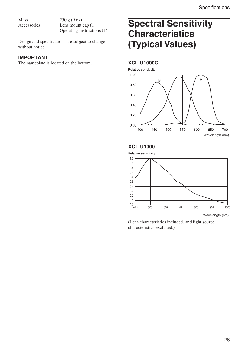 Spectral sensitivity characteristics, Typical values), 26 specifications | Important, Xcl-u1000c, Xcl-u1000 | Sony XCL-U1000 User Manual | Page 26 / 27