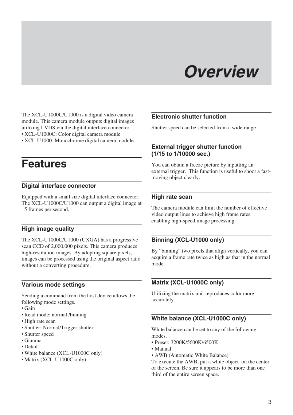 Overview, Features | Sony XCL-U1000 User Manual | Page 3 / 27