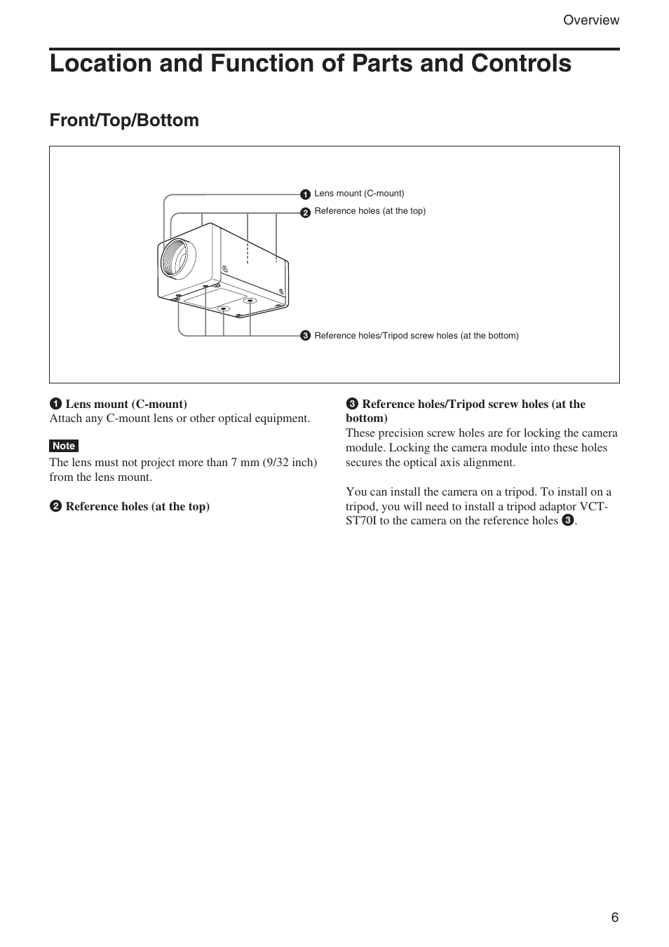 Location and function of parts and controls, Front/top/bottom | Sony XCL-U1000 User Manual | Page 6 / 27
