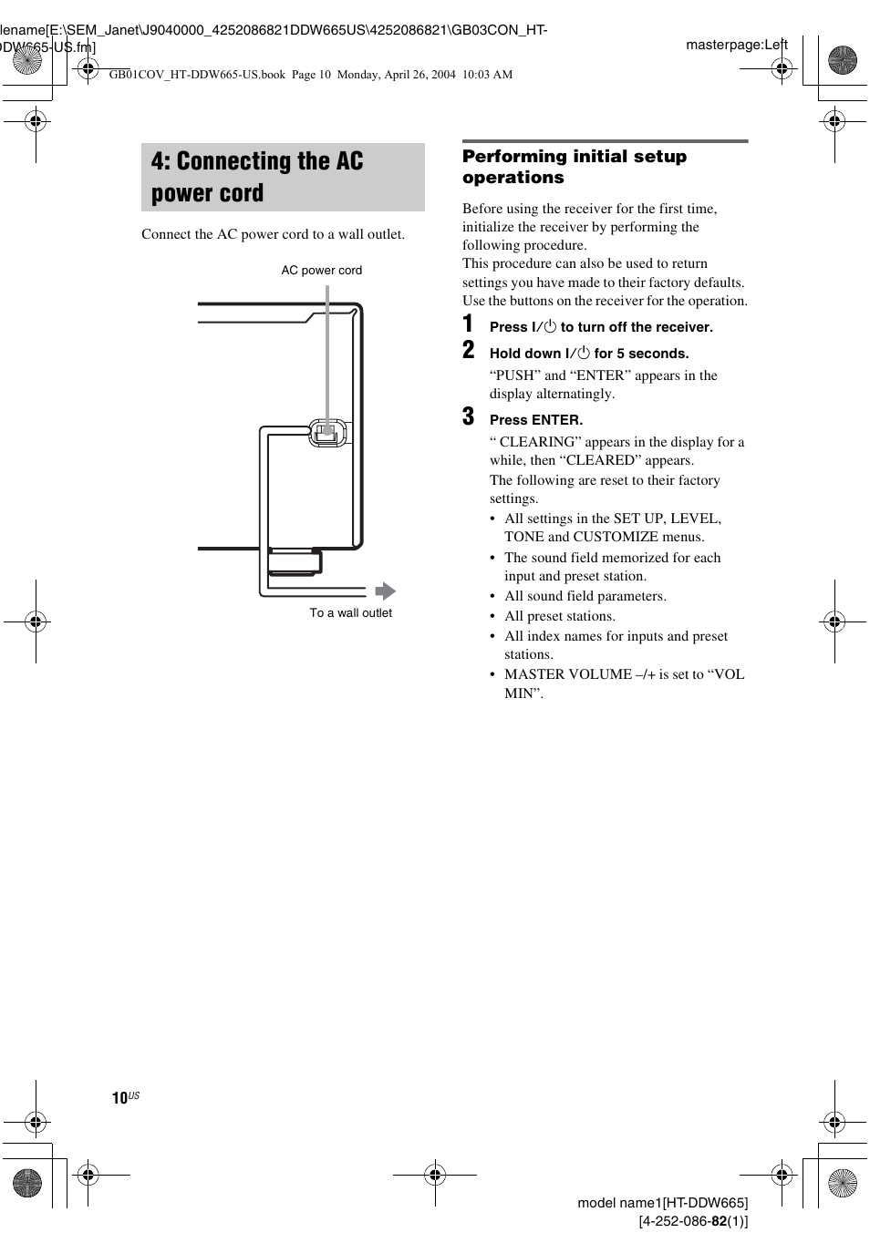 Connecting the ac power cord | Sony HT-DDW665 User Manual | Page 10 / 36