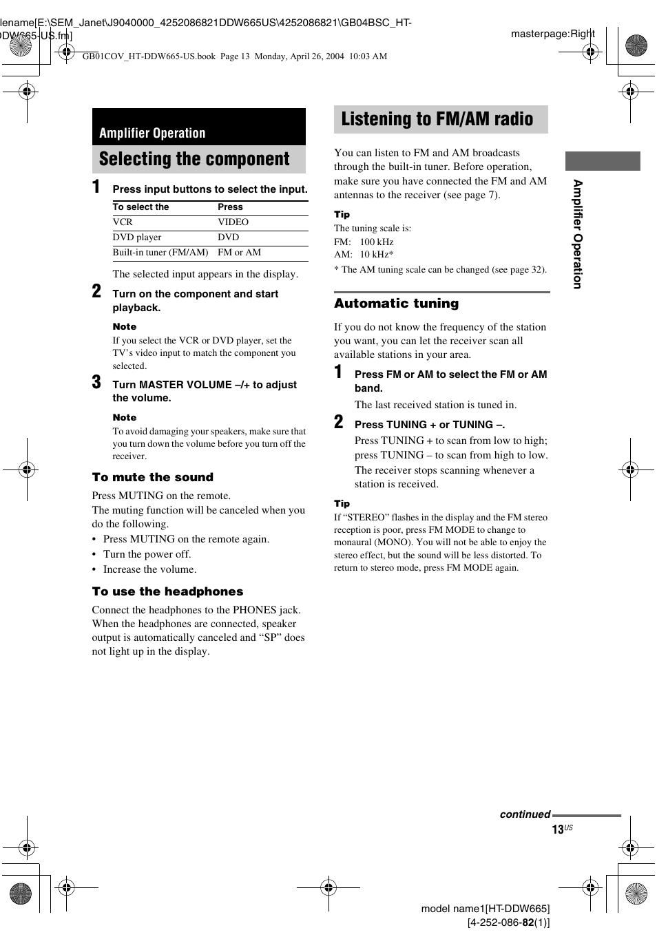 Amplifier operation, Selecting the component, Listening to fm/am radio | Selecting the component listening to fm/am radio | Sony HT-DDW665 User Manual | Page 13 / 36