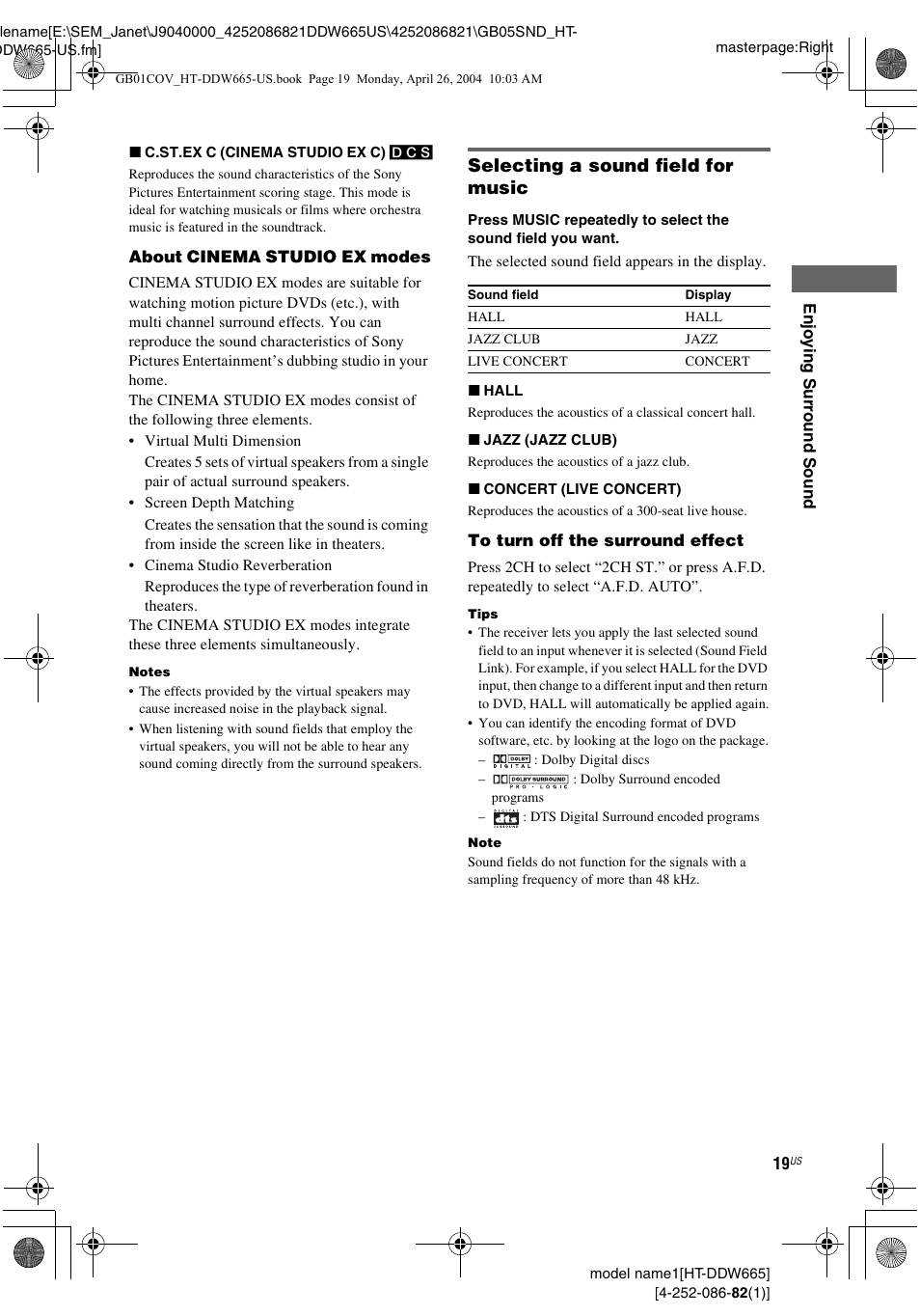 Selecting a sound field for music | Sony HT-DDW665 User Manual | Page 19 / 36