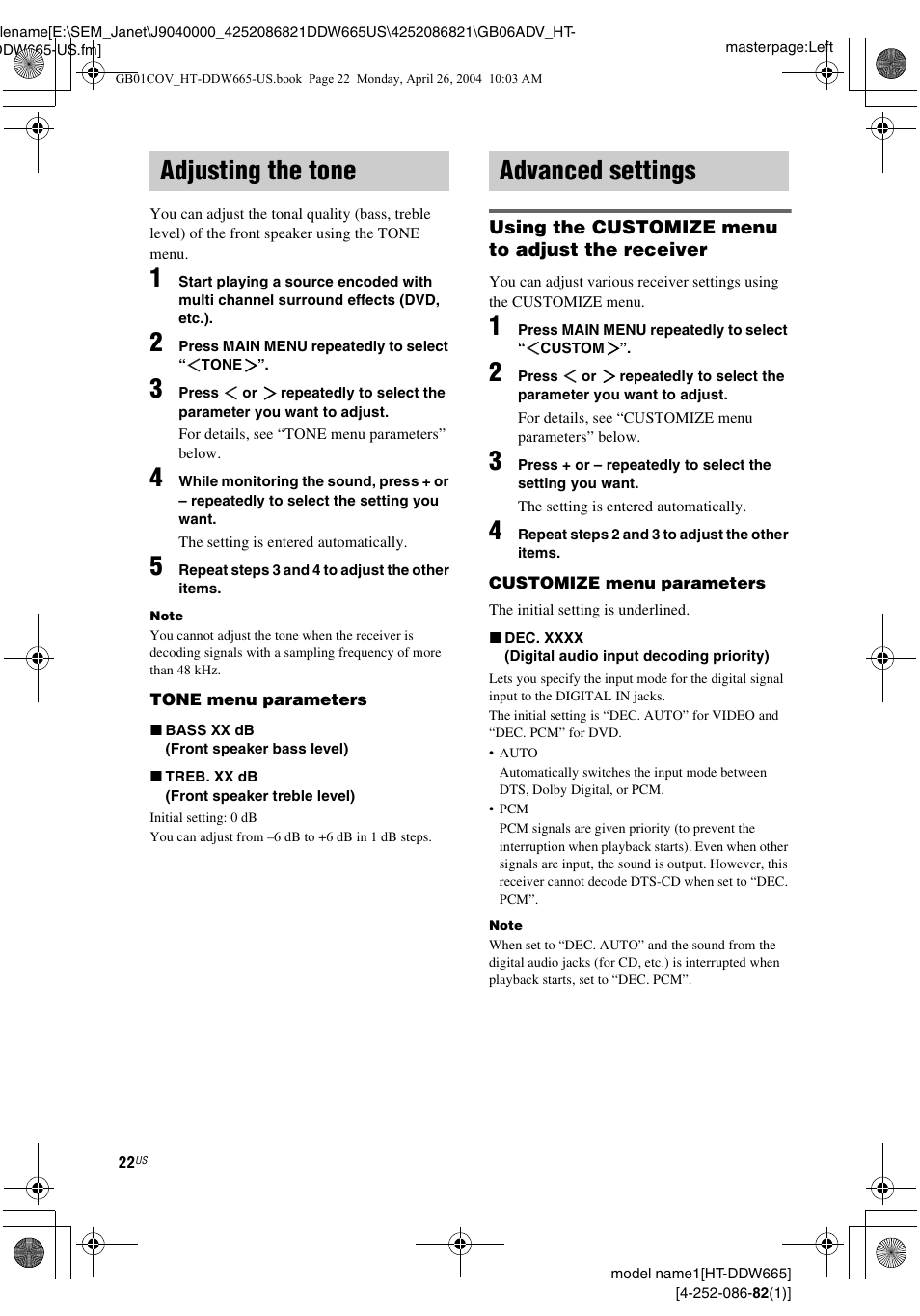 Adjusting the tone, Advanced settings, Adjusting the tone advanced settings | Sony HT-DDW665 User Manual | Page 22 / 36