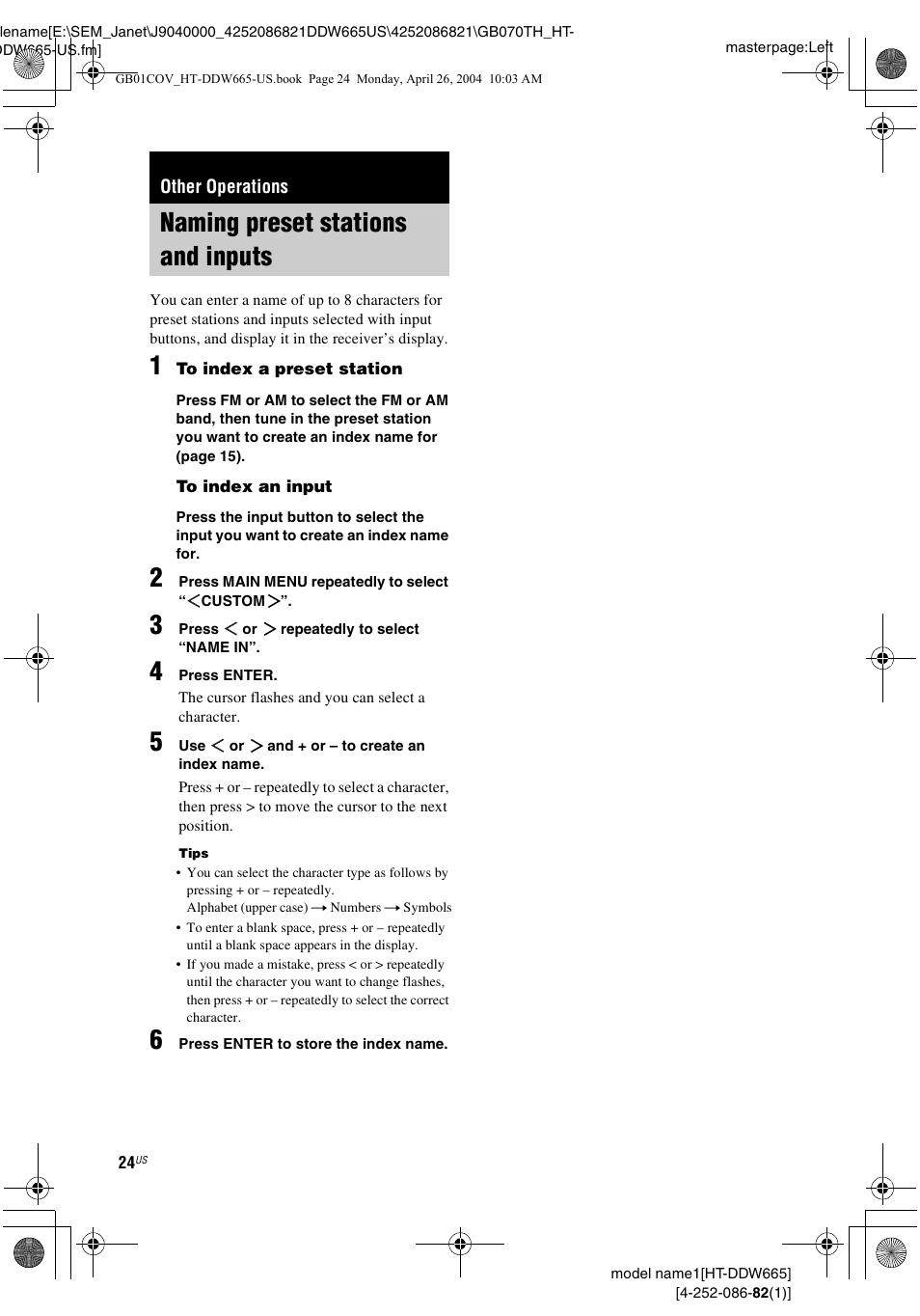 Other operations, Naming preset stations and inputs | Sony HT-DDW665 User Manual | Page 24 / 36