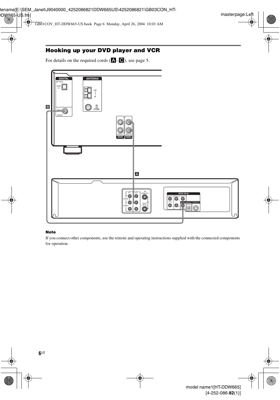 Hooking up your dvd player and vcr, For details on the required cords ( a, C), see page 5 | Sony HT-DDW665 User Manual | Page 6 / 36