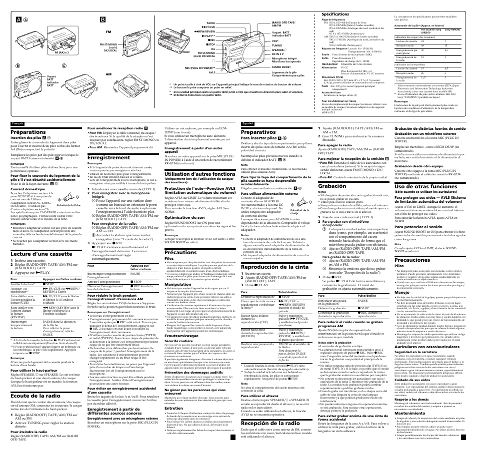 Preparativos, Reproducción de la cinta, Recepción de la radio | Grabación, Uso de otras funciones, Precauciones, Préparations, Lecture d’une cassette, Ecoute de la radio, Enregistrement | Sony WM-SR10 User Manual | Page 2 / 2