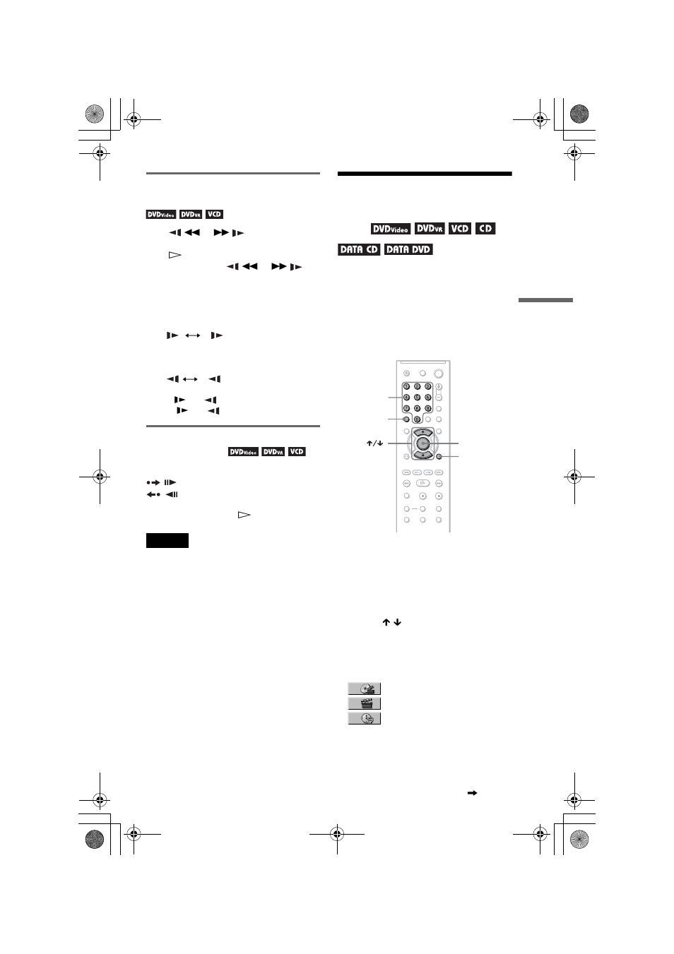 Searching for a title/chapter/track/scene, etc, Buttons (35, Searching for a title/ chapter/track/scene, etc | Watching frame by frame (slow-motion play), Playing one frame at a time (freeze frame) | Sony DVP-NS45P User Manual | Page 35 / 84