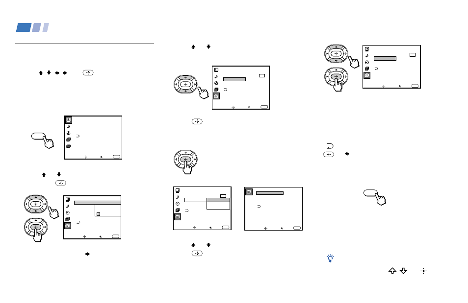 Adjusting your set up (menus), Learning menu selection, Press menu. tip z | Press the menu button. the main menu appears, Press v or v to highlight the desired option | Sony KP 43T90 User Manual | Page 29 / 58