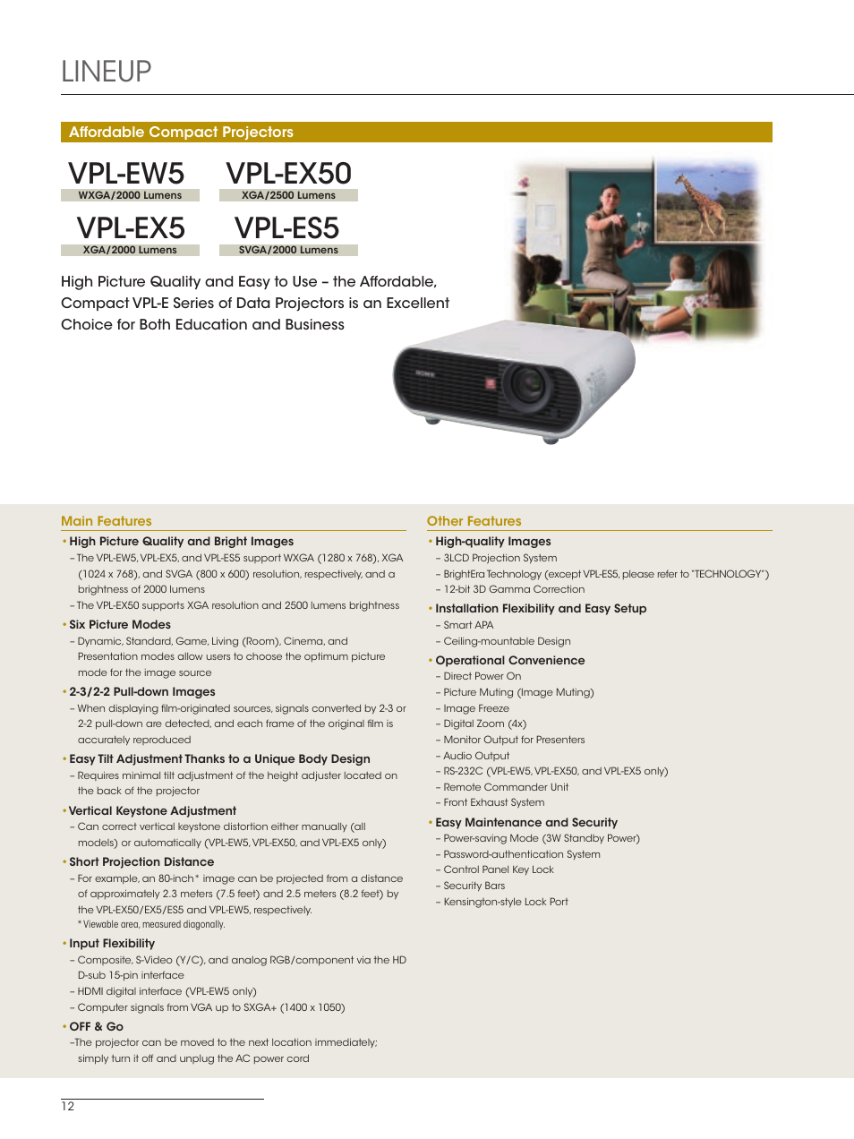 Vpl-ew5, Vpl-ex50, Vpl-ex5 | Vpl-es5, Xga/2500 lumens, Wxga/2000 lumens, Svga/2000 lumens, Xga/2000 lumens, Lineup | Sony SXRD 4K User Manual | Page 12 / 32