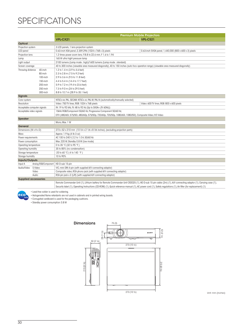 Specifications, Dimensions | Sony SXRD 4K User Manual | Page 30 / 32