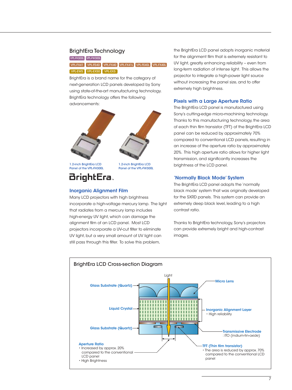 Brightera technology, Inorganic alignment film, Pixels with a large aperture ratio | Normally black mode’ system | Sony SXRD 4K User Manual | Page 7 / 32