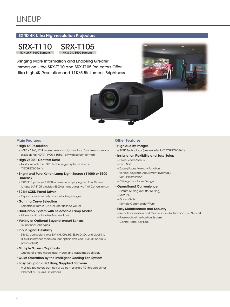 Srx-t110, Srx-t105, 4k x 2k/5500 lumens | 4k x 2k/11000 lumens, Lineup, Sxrd 4k ultra high-resolution projectors | Sony SXRD 4K User Manual | Page 8 / 32