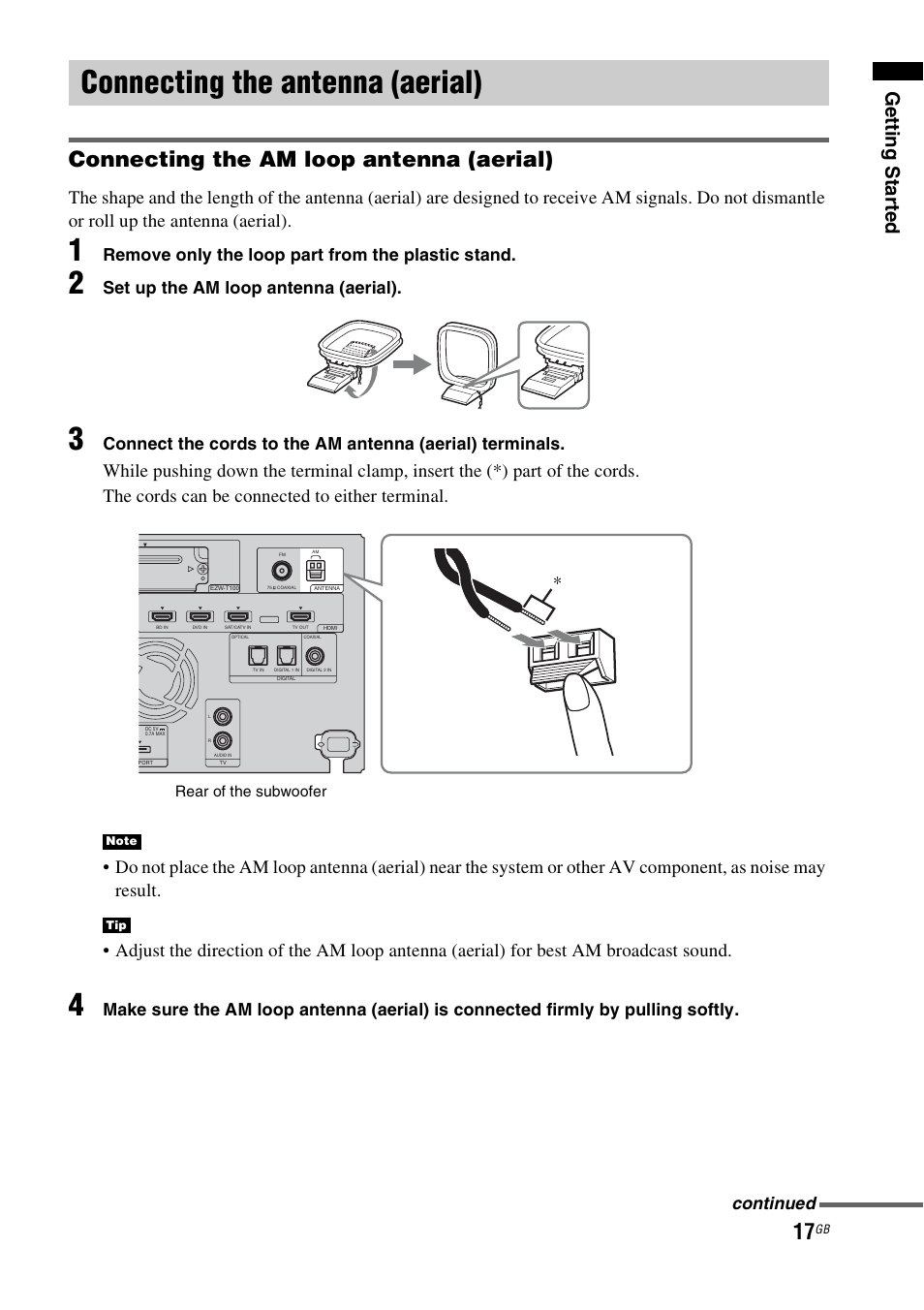 Connecting the antenna (aerial), Connecting the am loop antenna (aerial), Gettin g sta rted | Remove only the loop part from the plastic stand, Set up the am loop antenna (aerial), Continued | Sony HT-FS3 User Manual | Page 17 / 68