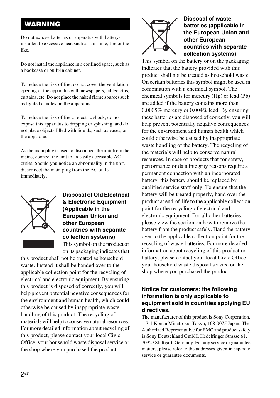 Warning | Sony HT-FS3 User Manual | Page 2 / 68