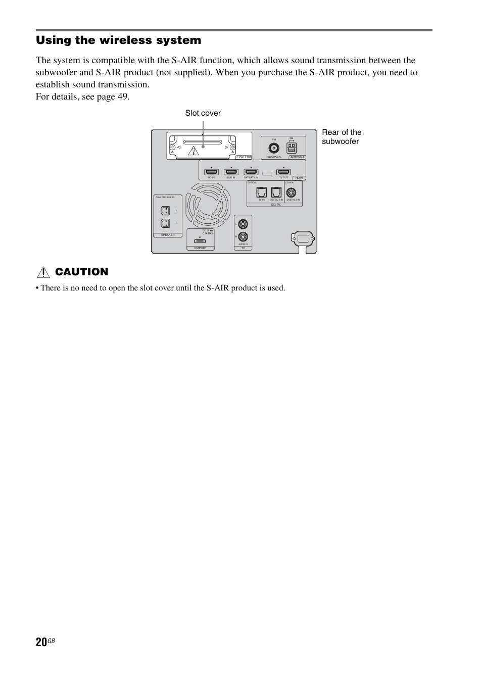Using the wireless system, Caution, Slot cover rear of the subwoofer | Sony HT-FS3 User Manual | Page 20 / 68