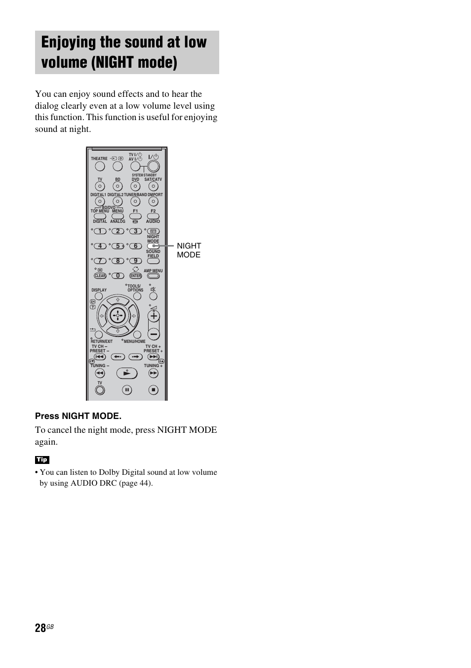 Enjoying the sound at low volume (night mode), Enjoying the sound at low volume, Night mode) | Press night mode, Night mode | Sony HT-FS3 User Manual | Page 28 / 68