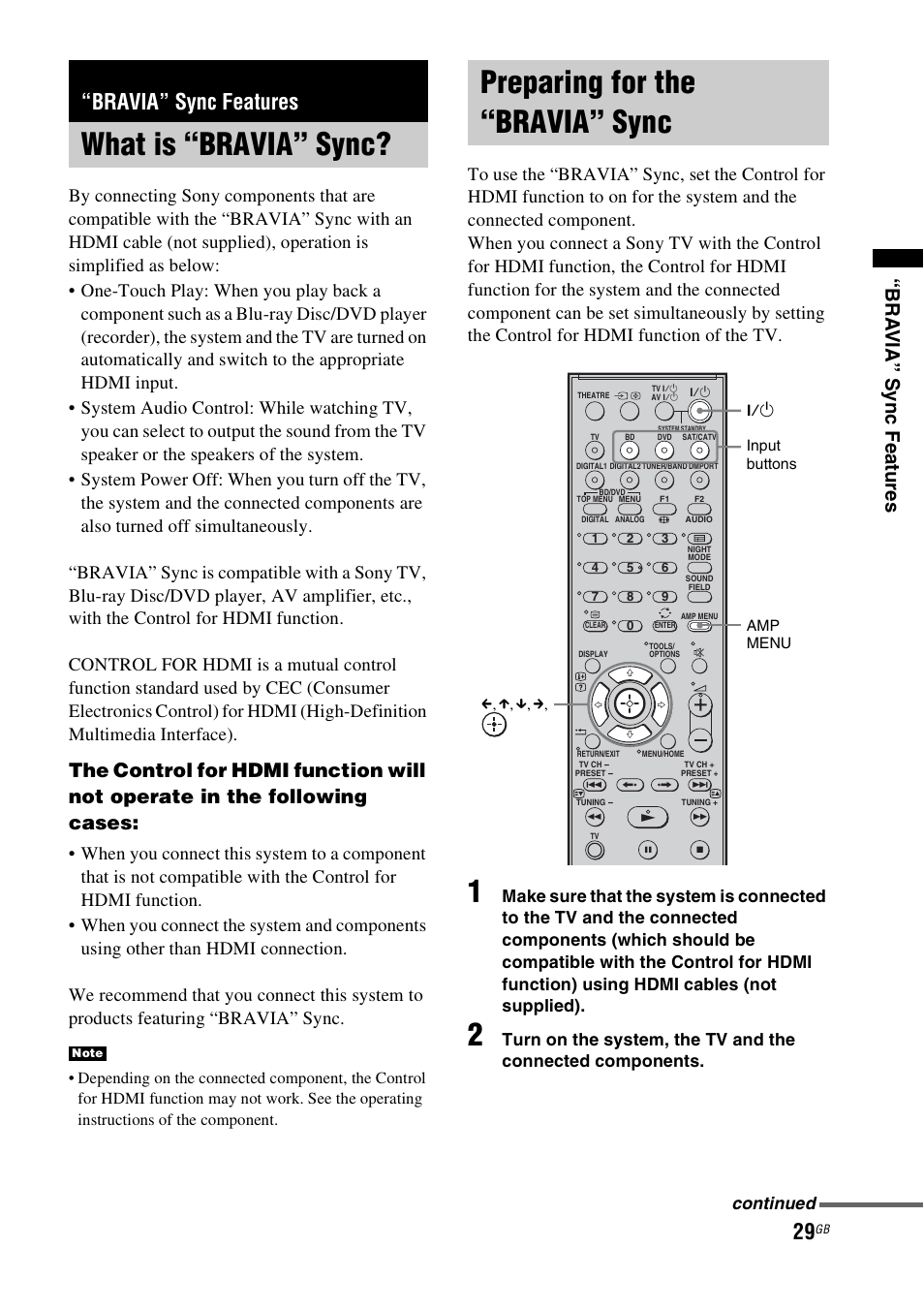 Bravia” sync features, What is “bravia” sync, Preparing for the “bravia” sync | Bra via” sync fea tures, Continued | Sony HT-FS3 User Manual | Page 29 / 68