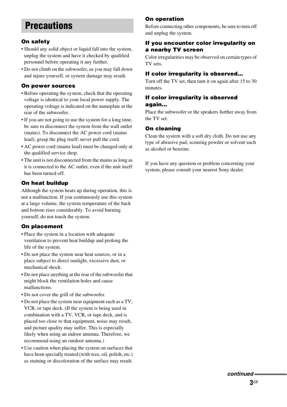 Precautions | Sony HT-FS3 User Manual | Page 3 / 68