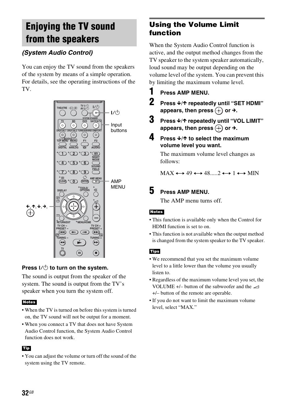 Enjoying the tv sound from the speakers, System audio control), Enjoying the tv sound from the | Speakers (system audio control), Using the volume limit function, The maximum volume level changes as follows, The amp menu turns off, Press, Press amp menu | Sony HT-FS3 User Manual | Page 32 / 68