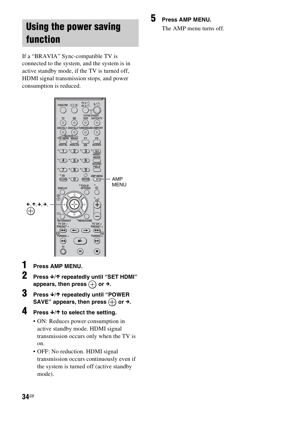 Using the power saving function, The amp menu turns off, Press amp menu | Press | Sony HT-FS3 User Manual | Page 34 / 68