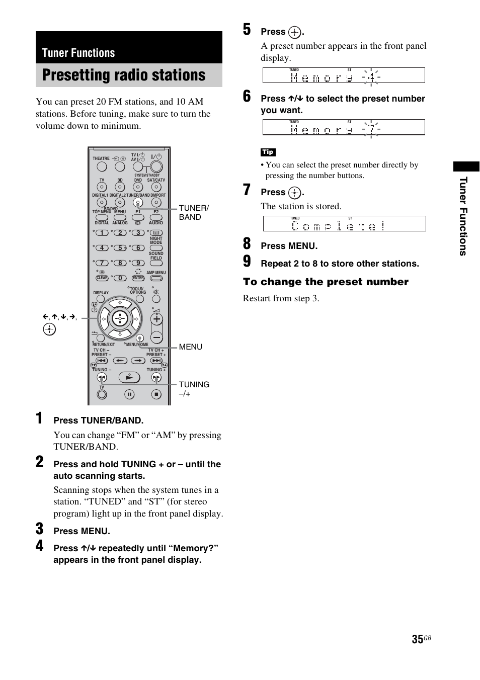 Tuner functions, Presetting radio stations, D (35) | You can change “fm” or “am” by pressing tuner/band, A preset number appears in the front panel display, The station is stored, Restart from step 3 | Sony HT-FS3 User Manual | Page 35 / 68