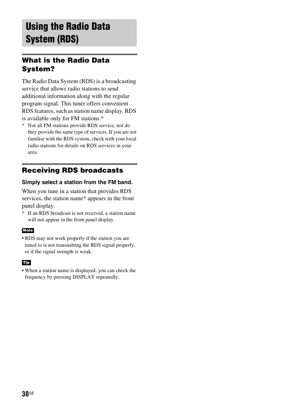Using the radio data system (rds), What is the radio data system, Receiving rds broadcasts | Sony HT-FS3 User Manual | Page 38 / 68