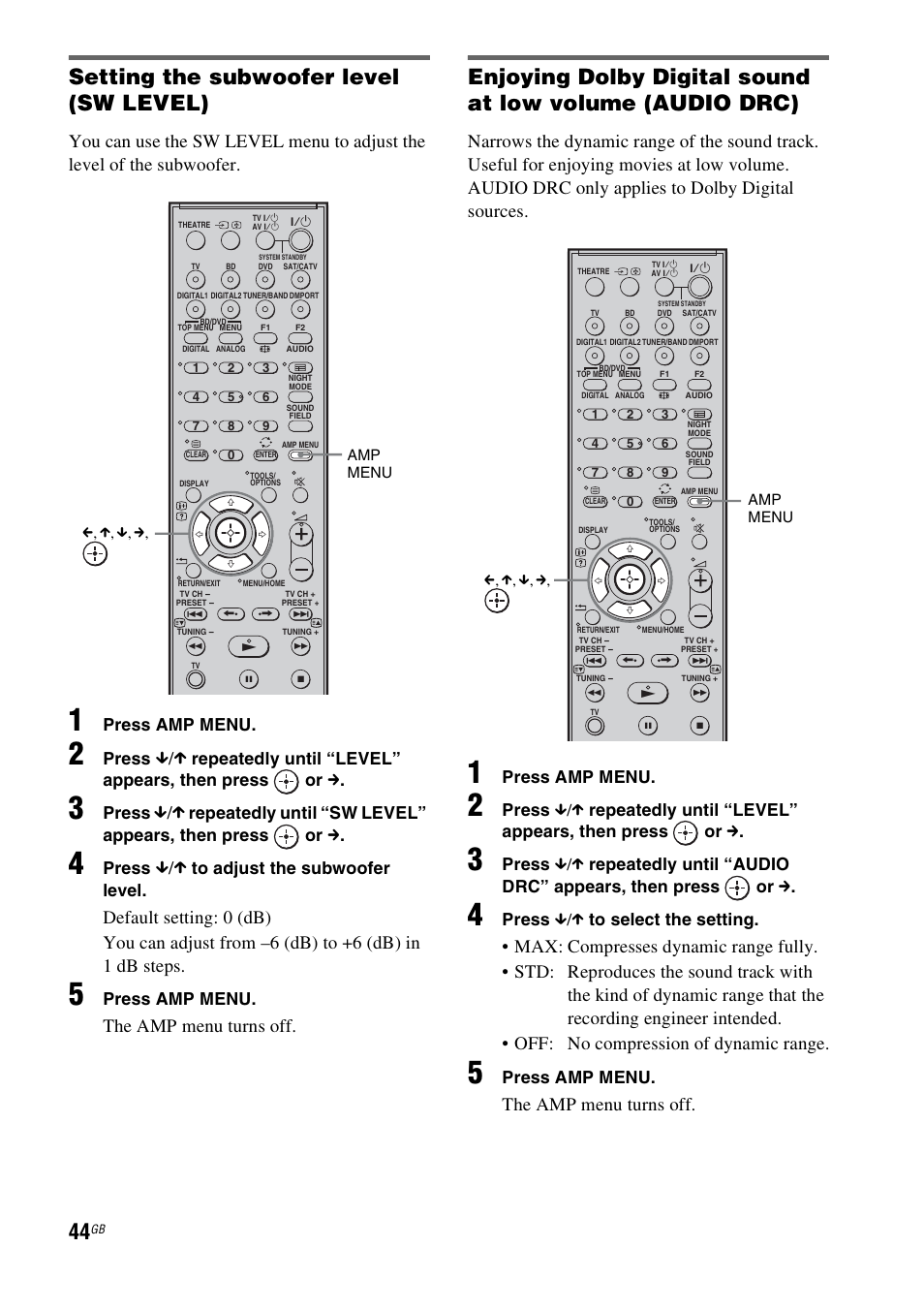 Setting the subwoofer level (sw level), The amp menu turns off, Press amp menu | Press, Repeatedly until “level” appears, then press or c, Press x/x to select the setting | Sony HT-FS3 User Manual | Page 44 / 68