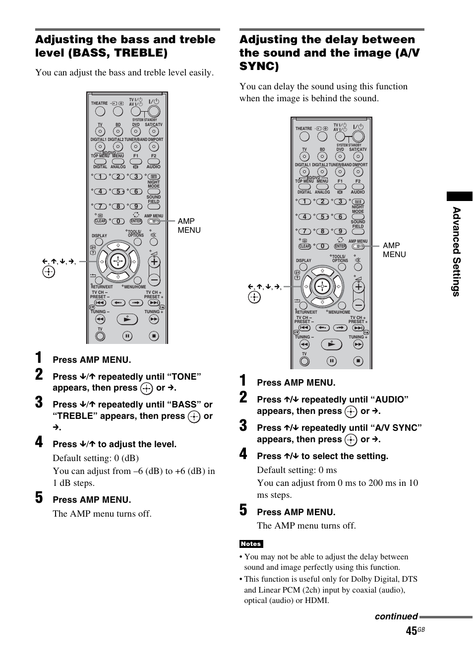 Adjusting the bass and treble level (bass, treble), You can adjust the bass and treble level easily, The amp menu turns off | Press amp menu, Press, Repeatedly until “tone” appears, then press or c, Press x / x to select the setting, Continued | Sony HT-FS3 User Manual | Page 45 / 68