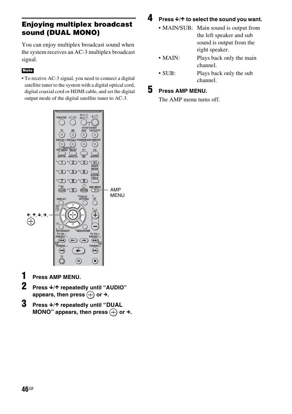 Enjoying multiplex broadcast sound (dual mono), Dual mono, The amp menu turns off | Press amp menu, Press, Repeatedly until “audio” appears, then press or c, Repeatedly until, Appears, then press or c | Sony HT-FS3 User Manual | Page 46 / 68