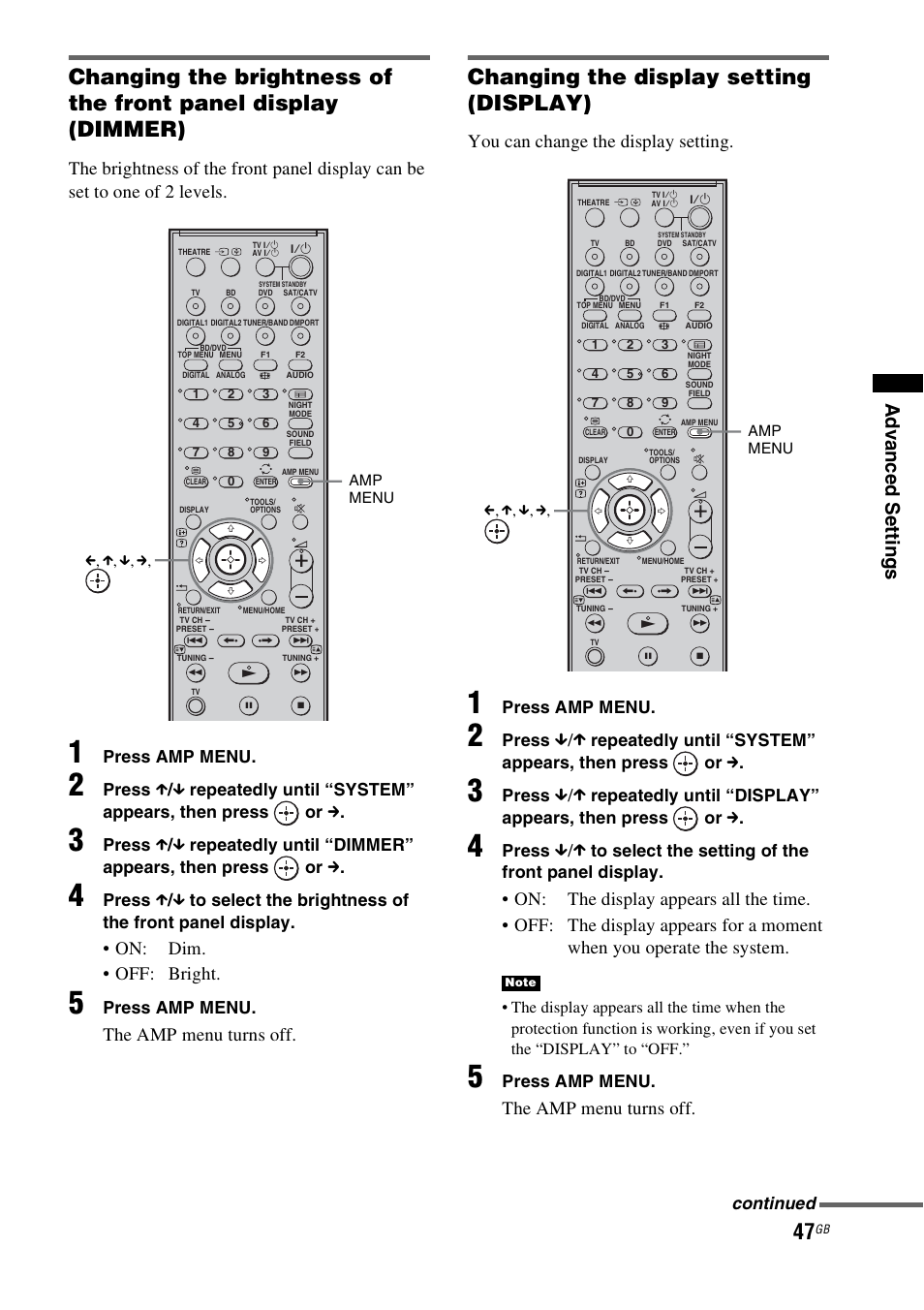 Changing the display setting (display), On: dim. • off: bright, The amp menu turns off | You can change the display setting, Press amp menu, Press, Repeatedly until “system” appears, then press or c, Continued | Sony HT-FS3 User Manual | Page 47 / 68