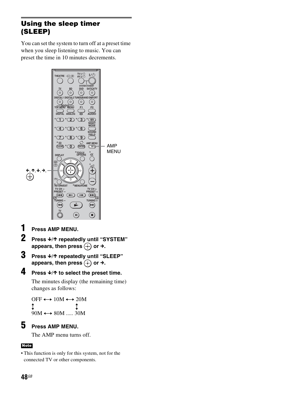 P (48), Using the sleep timer (sleep), The amp menu turns off | Press amp menu, Press, Repeatedly until “system” appears, then press or c, Repeatedly until “sleep” appears, then press or c | Sony HT-FS3 User Manual | Page 48 / 68