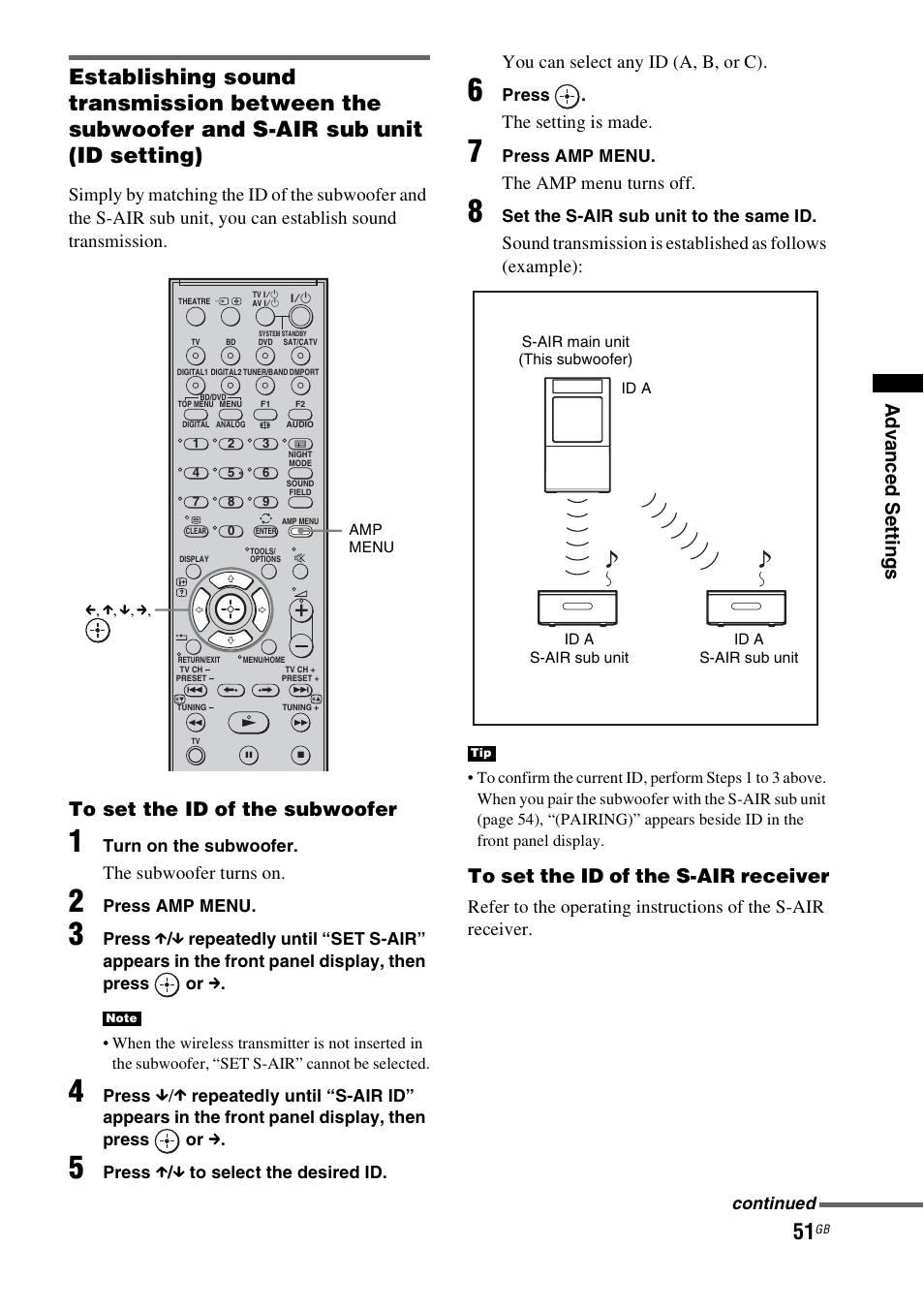 The subwoofer turns on, You can select any id (a, b, or c), The setting is made | The amp menu turns off | Sony HT-FS3 User Manual | Page 51 / 68
