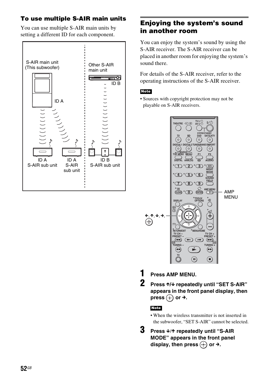 Enjoying the system’s sound in another room, Press amp menu | Sony HT-FS3 User Manual | Page 52 / 68