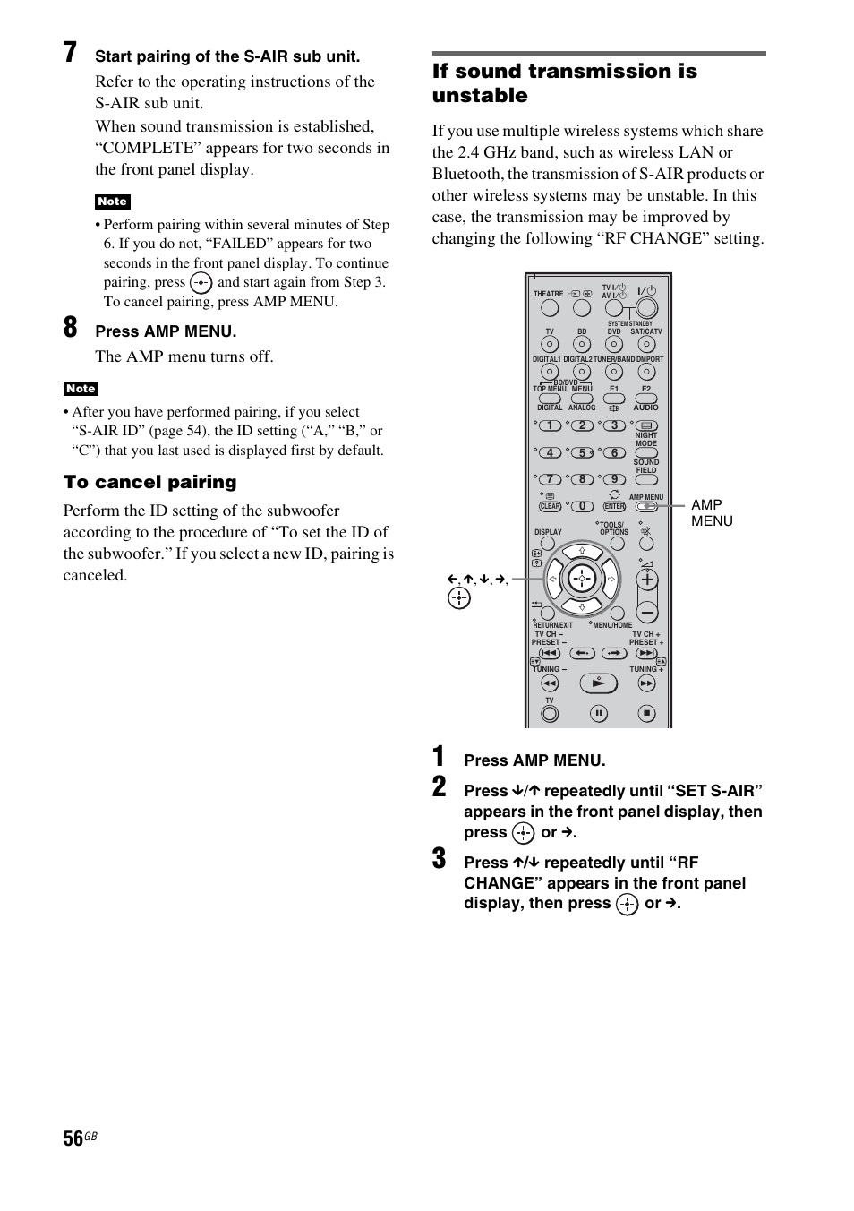 If sound transmission is unstable, The amp menu turns off, Start pairing of the s-air sub unit | Press amp menu, Press | Sony HT-FS3 User Manual | Page 56 / 68
