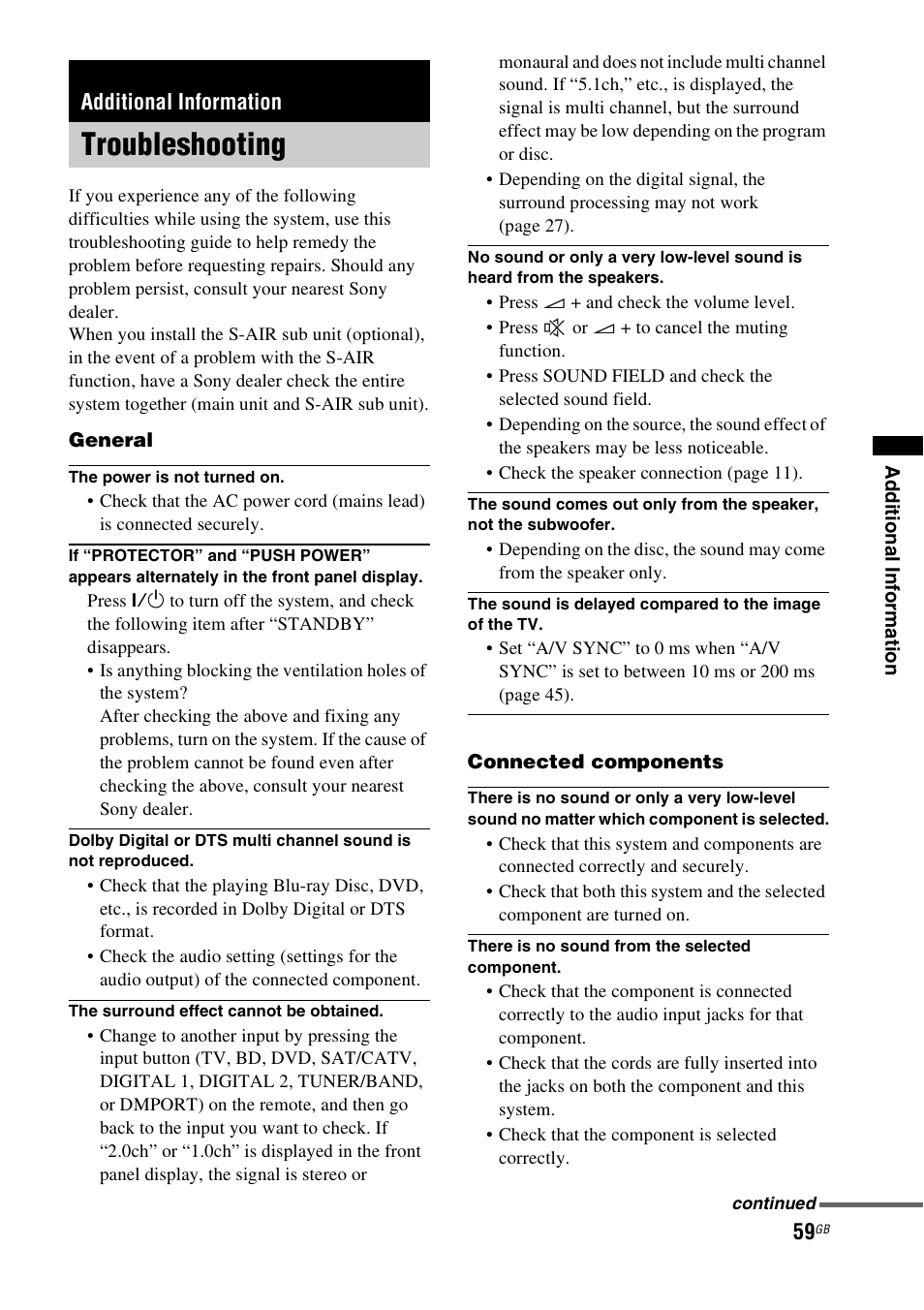 Additional information, Troubleshooting | Sony HT-FS3 User Manual | Page 59 / 68