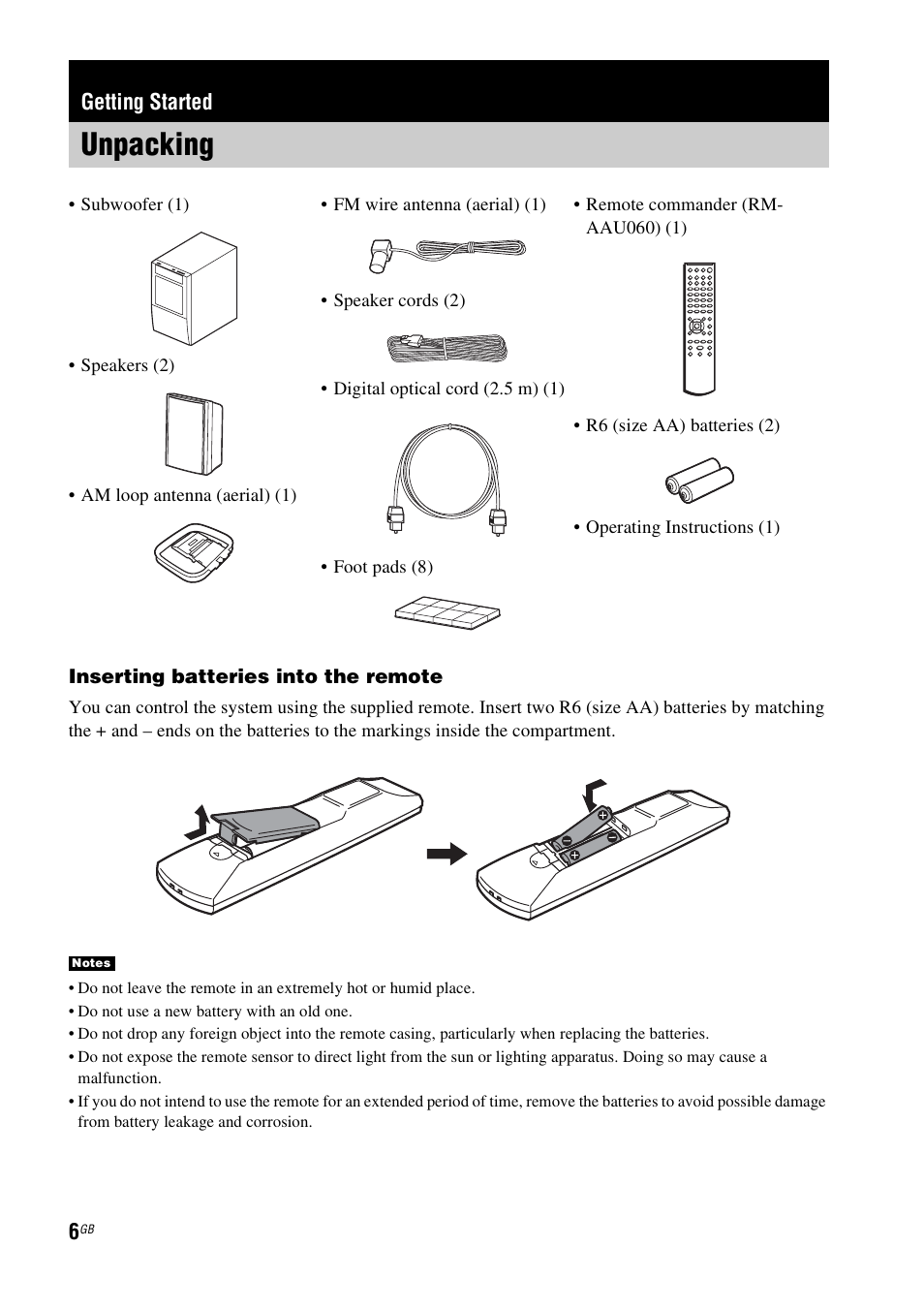 Getting started, Unpacking | Sony HT-FS3 User Manual | Page 6 / 68