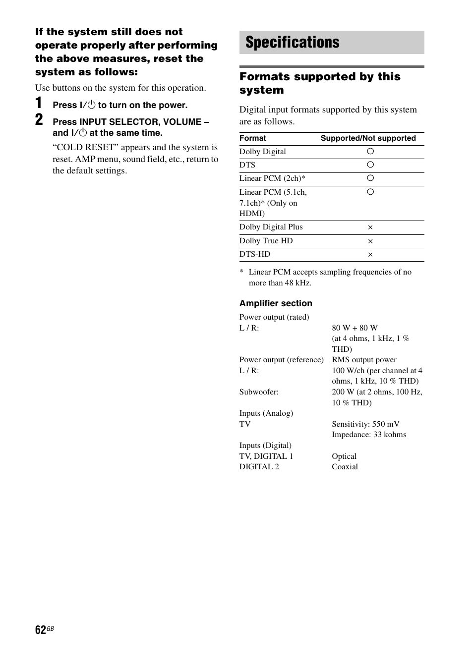 Specifications, Formats supported by this system | Sony HT-FS3 User Manual | Page 62 / 68