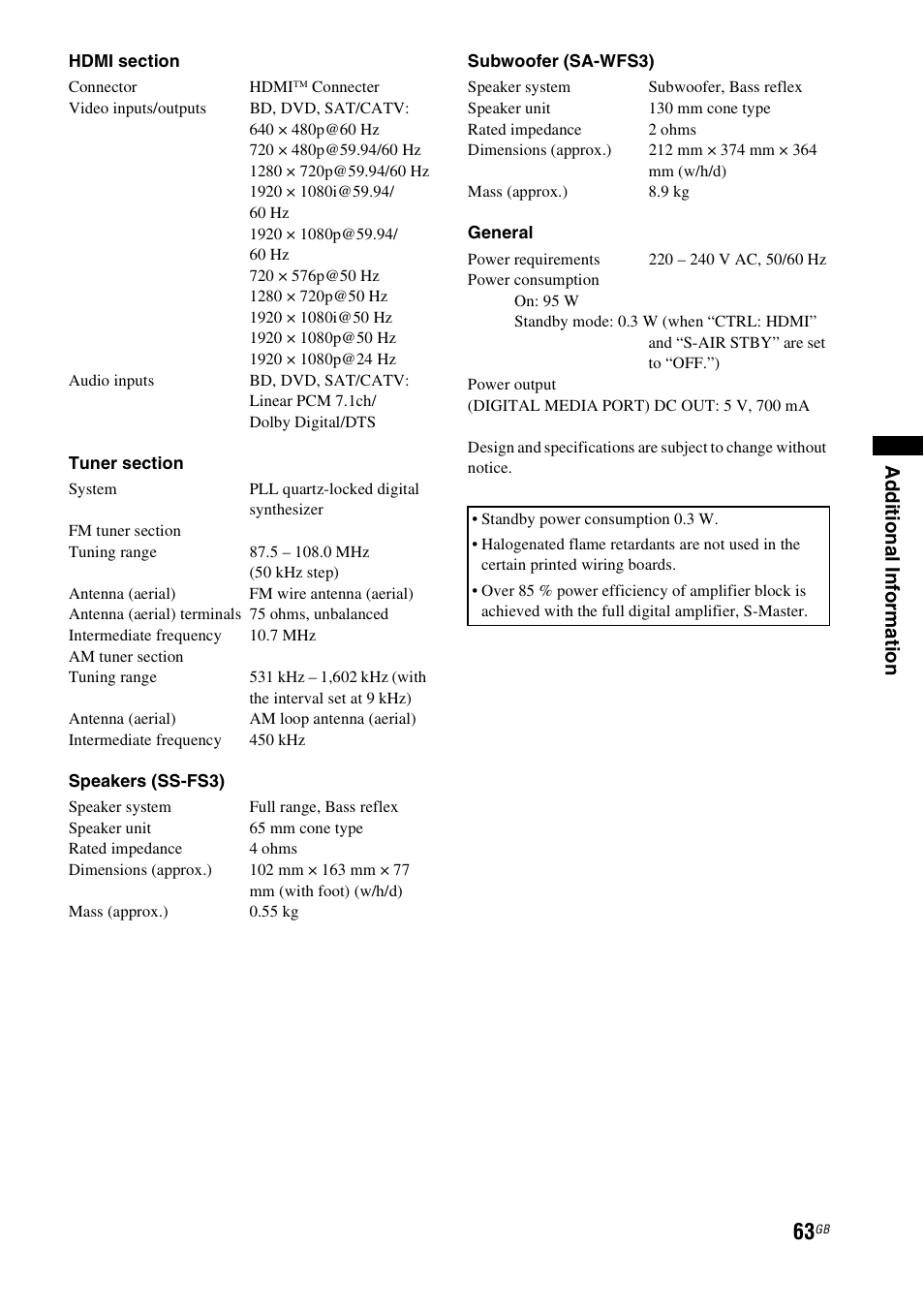 Ad dition al i n fo rm atio n | Sony HT-FS3 User Manual | Page 63 / 68