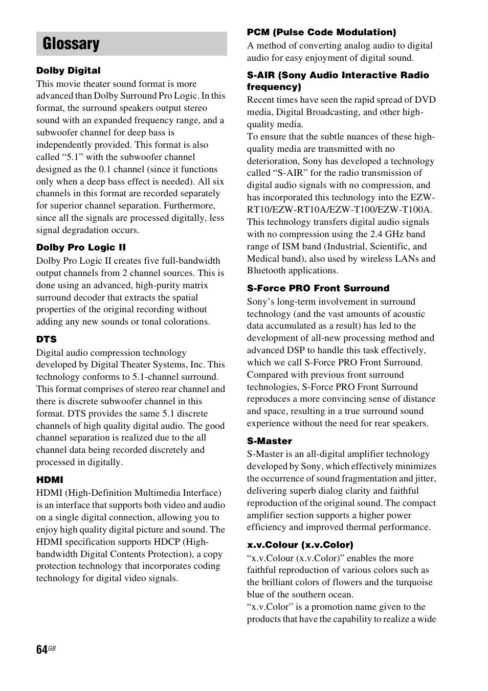 Glossary | Sony HT-FS3 User Manual | Page 64 / 68