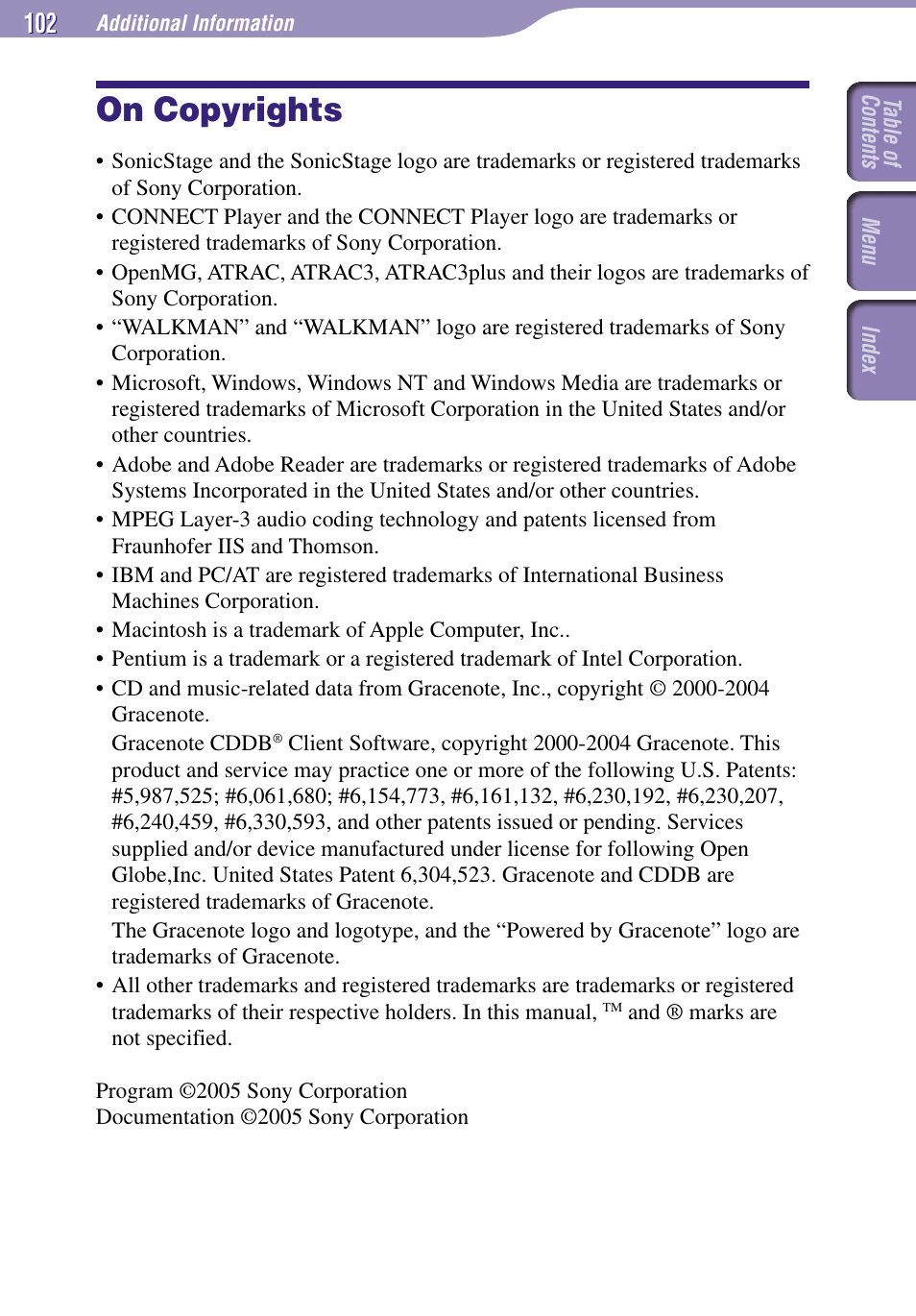 On copyrights | Sony NW-A3000 Series User Manual | Page 102 / 109