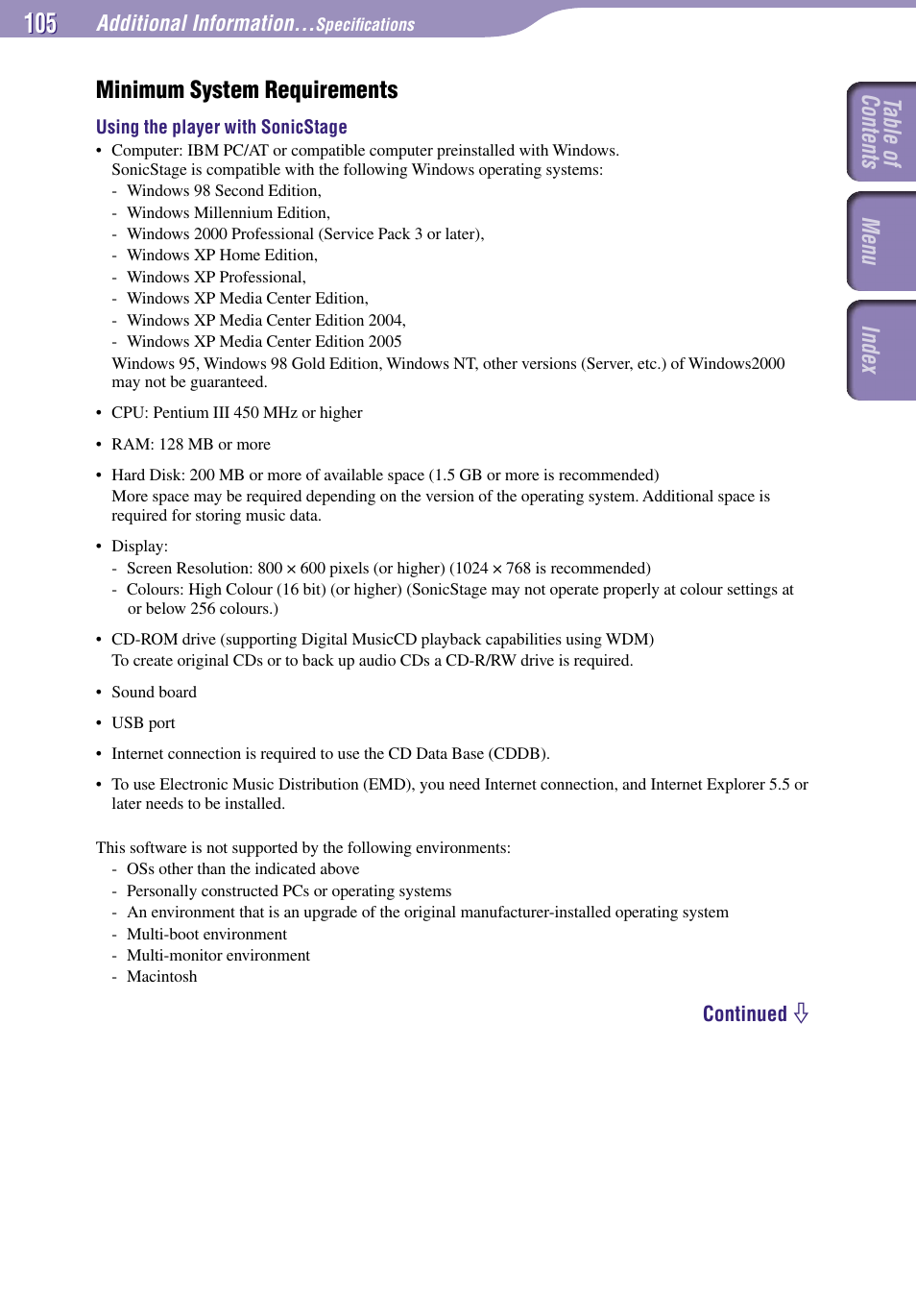 Minimum system requirements, Table of contents index menu | Sony NW-A3000 Series User Manual | Page 105 / 109